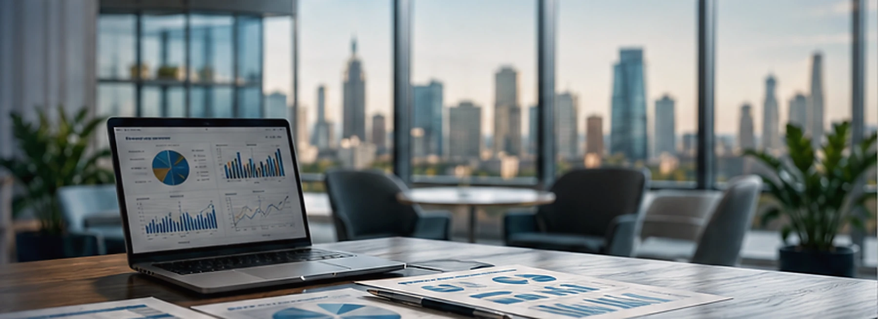 Besprechungsraum mit Laptop, Unterlagen und Blick auf eine Stadt